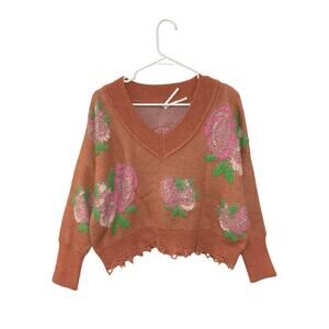 Anthropologie Slouchy Floral V-Neck Distress Hem Crop Knit Sweater XS Oversized